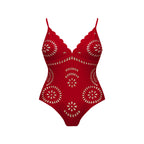 Red Scalloped Hollow Sexy One-Piece Swimsuit&Skirt