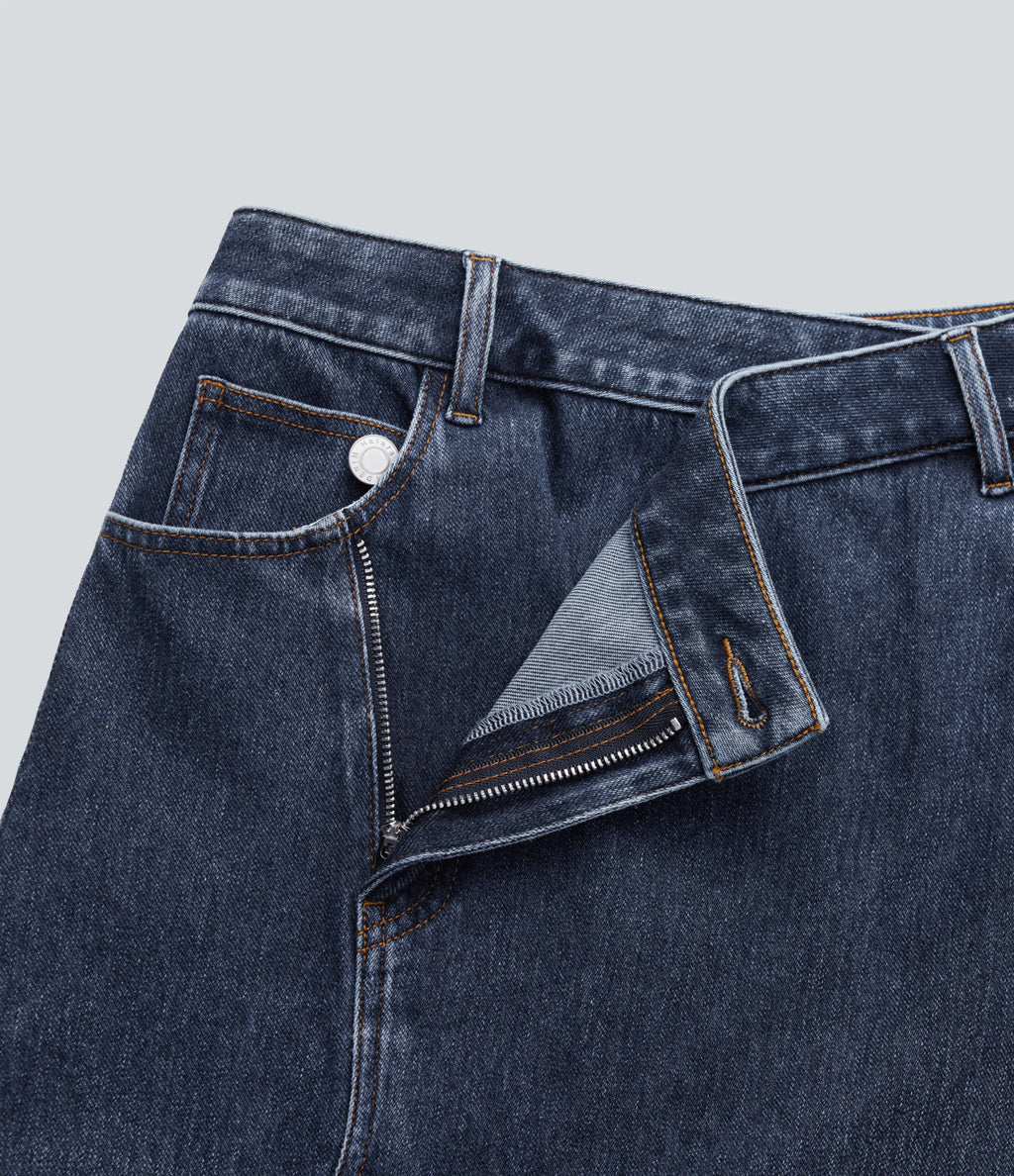FlexTM Asymmetric Mid Rise Denim Maxi Casual Skirt with Pockets