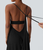 Ribbed Tie Back Ruched Maxi Slip Dress with Pockets