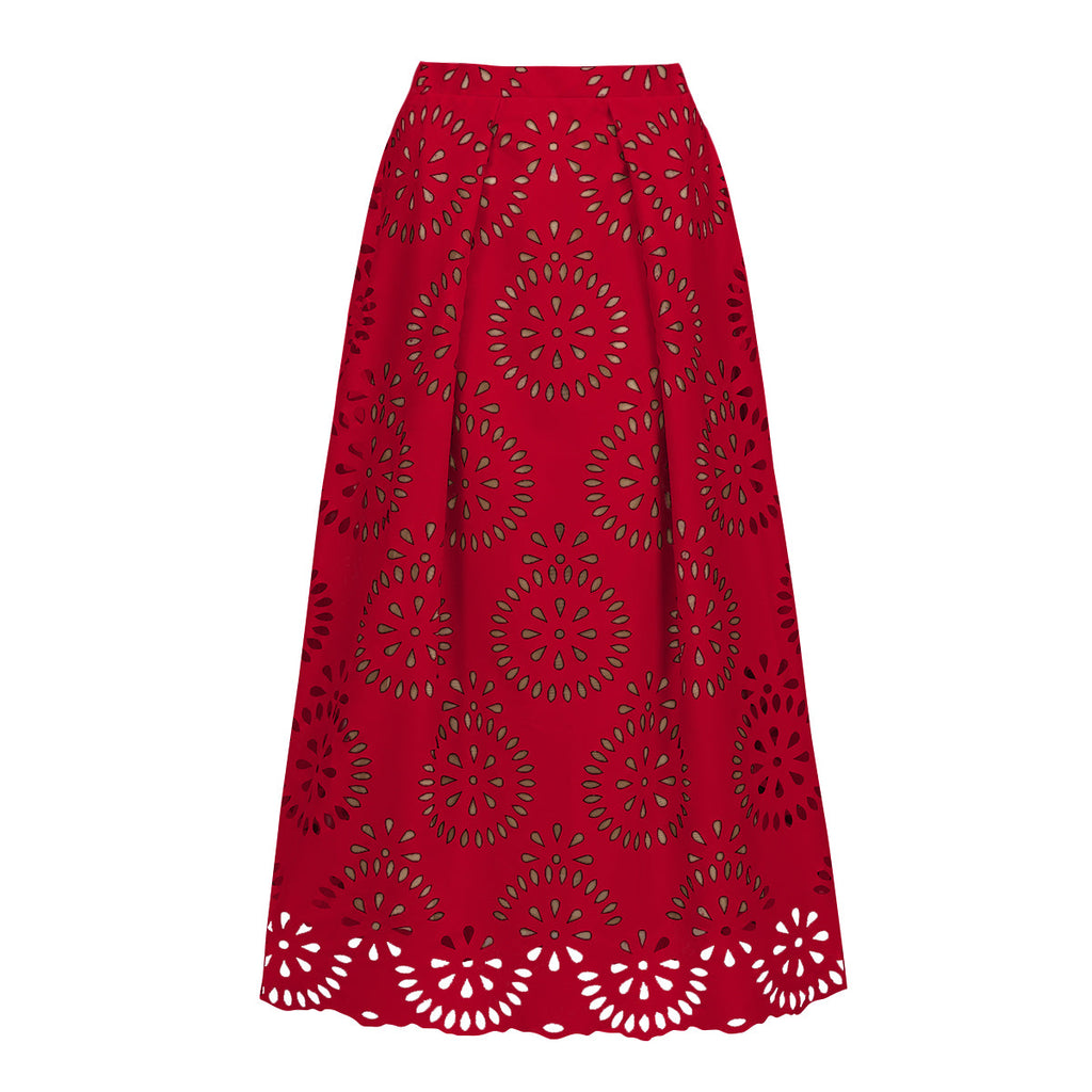 Red Scalloped Hollow Sexy One-Piece Swimsuit&Skirt
