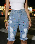 Women's Colorful Rhinestone Ripped Denim Shorts High Waisted Raw Hem Y2K Washed Jean Shorts