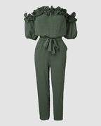 Frill Trim Off Shoulder Short Sleeve Tie Waist Overalls Casual Textured Jumpsuit