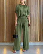 Women's Batwing Sleeve Jumpsuit High Waisted Ruched Wide Leg Overalls Elegant One Piece Outfit