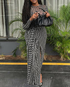 Geometric Print Long Sleeve Waist Tied Detail Maxi Dress Casual Slim Fit Slit Vacation Dress