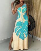CHICME Women's Tropical Monstera Leaf Print One Shoulder Maxi Dress Side Slit Bodycon Dress with Pockets and Zipper