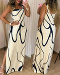 Abstract Print Square Neck Thick Strap Maxi Dress Elegant Side Slit Vacation Dress