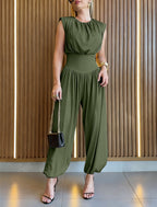 Padded Shoulders Sleeveless Cinched Waist Side High Slit Overalls Casual Hollow-out Back Ruched Jumpsuit