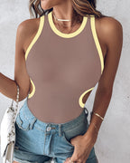 Women's Ribbed Contrast Trim Tank Top Sleeveless Crew Neck Cutout Slim Fit Stretch Casual Top
