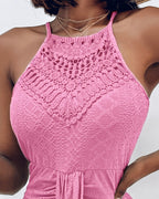 Adjustable Halter Hollow-out Back Ruched Front Slit Dress Guipure Lace Yoke Eyelet Embroidery Vacation Dress