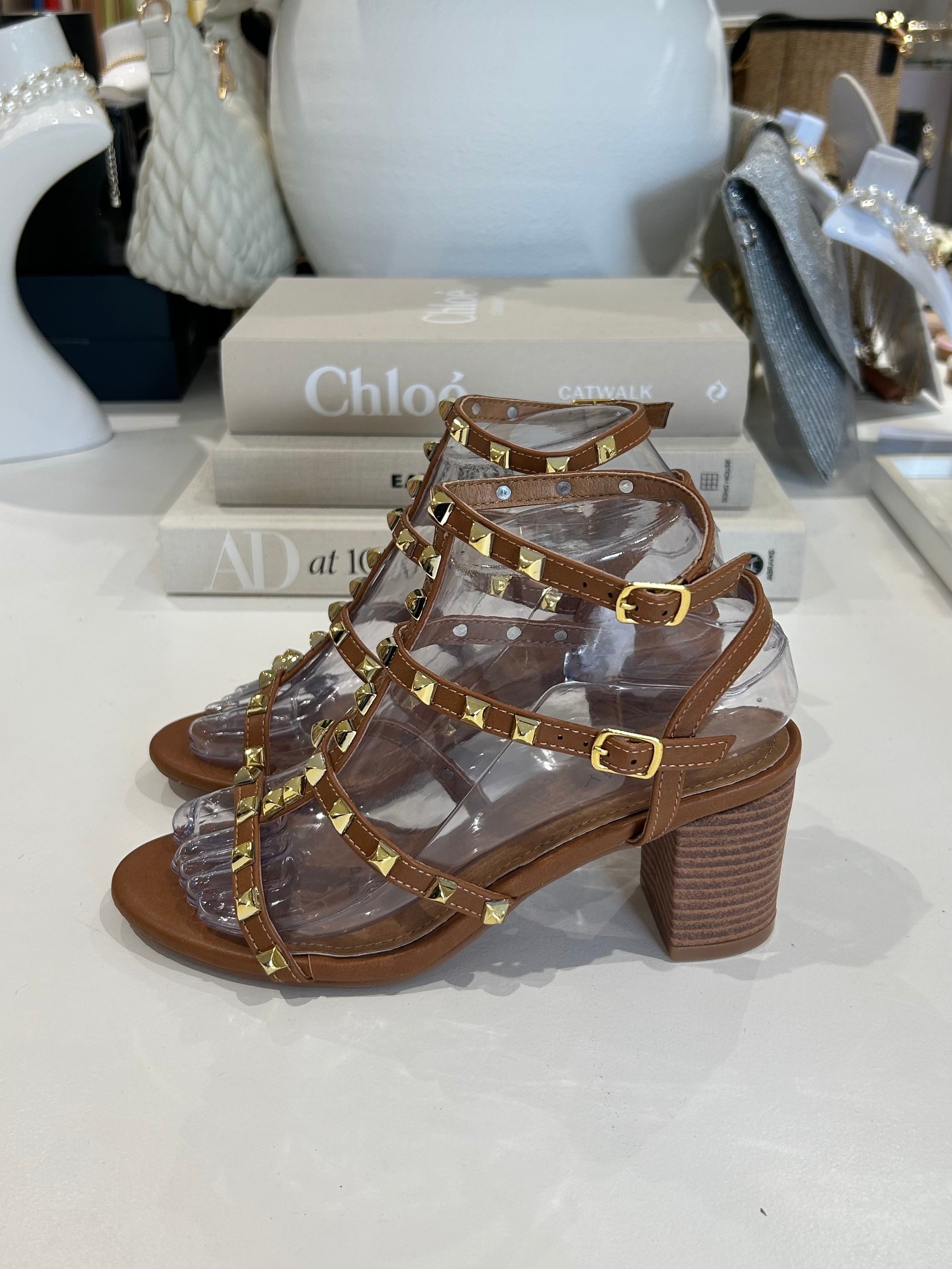 Gold Studded Block Heel Sandal (3 Colours)