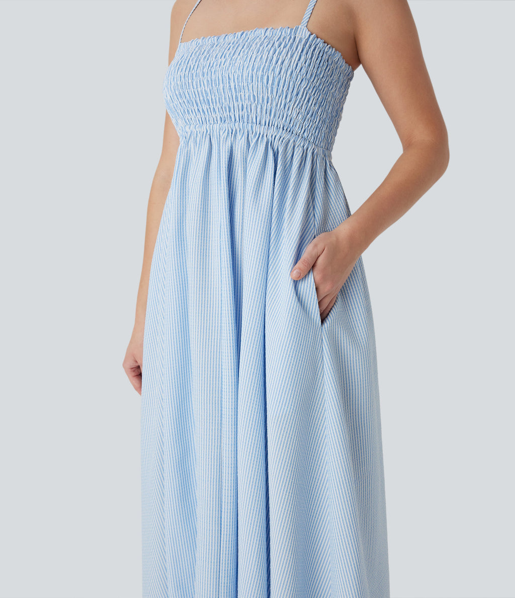 Shirred Stripe Midi Slip Dress with Pockets