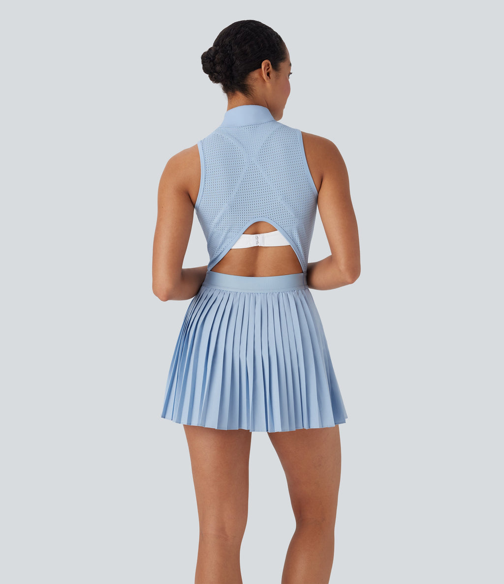 BreezefulTM Sleeveless Cut Out 2-in-1 Pleated Quick Dry Mini Tennis Active Dress with Pockets