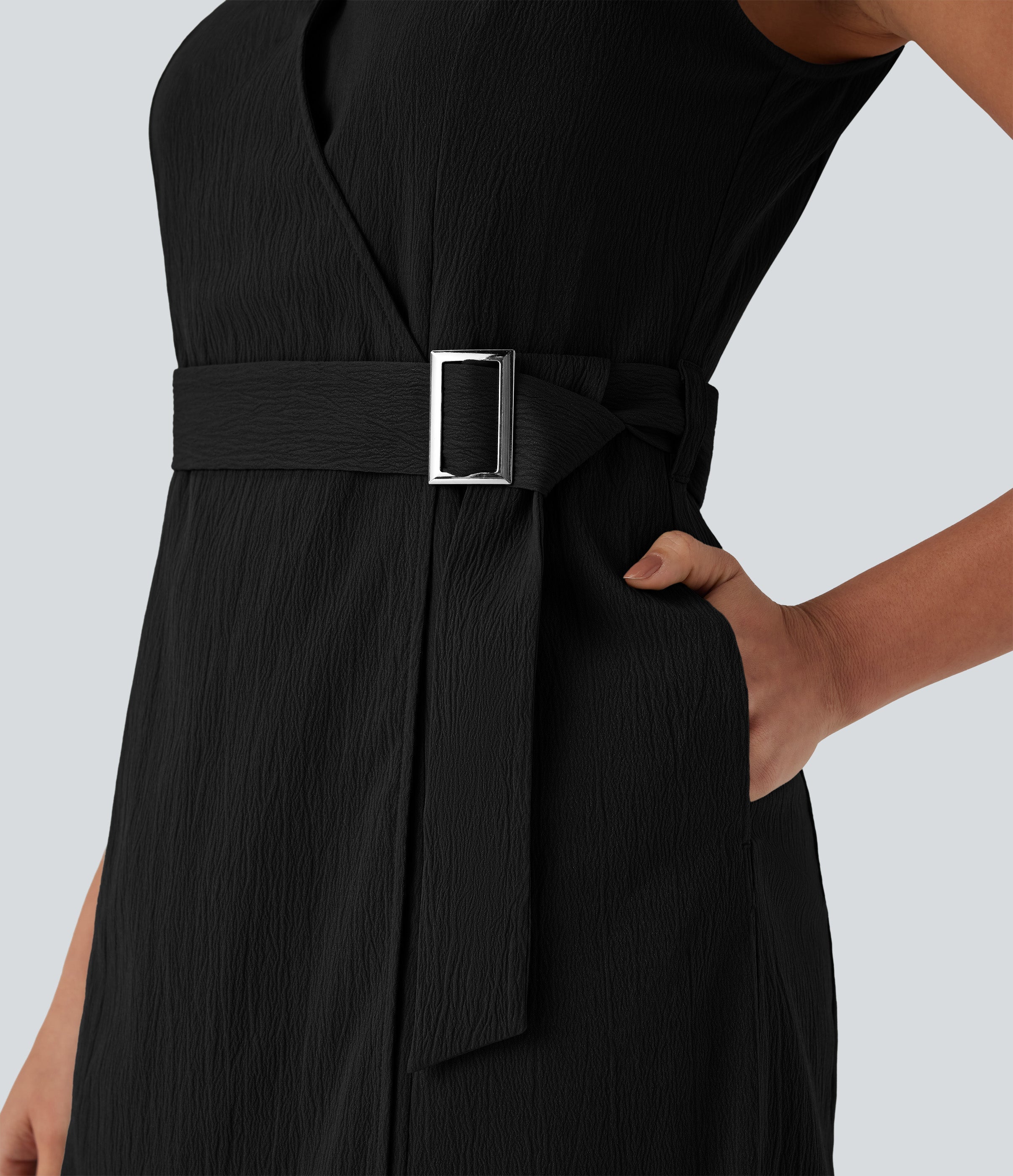 Anti-wrinkle V Neck Sleeveless Wrapped Belted Midi Travel Dress with Pockets