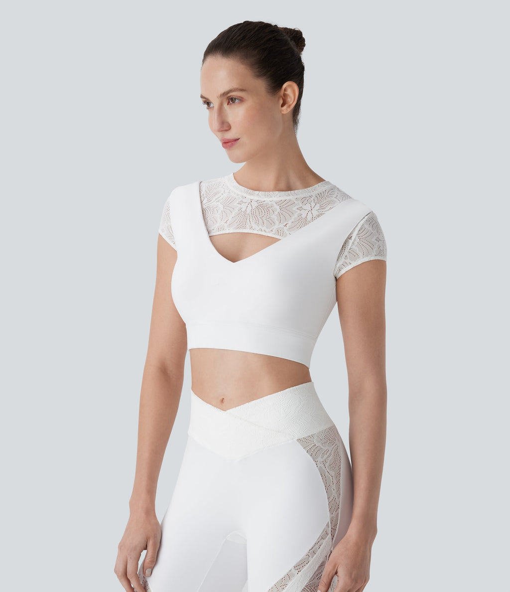 SoftlyZeroTM Contrast Lace Short Sleeve Cropped Yoga Sports Top-UPF50+