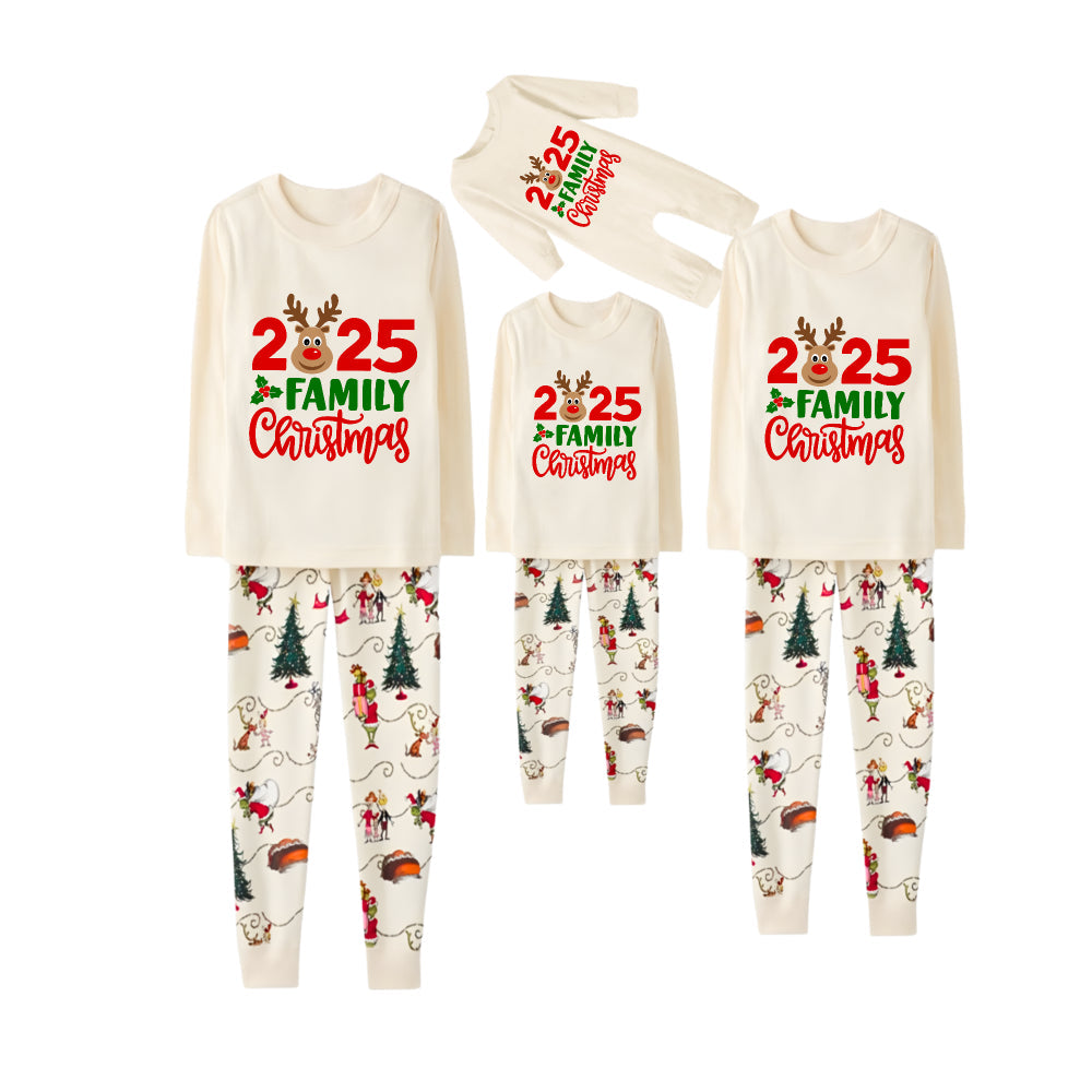Beige Christmas Pattern Print Christmas Pajamas Set With 2025 Christmas Slogan Print