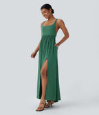 Ribbed Tie Back Ruched Maxi Slip Dress with Pockets