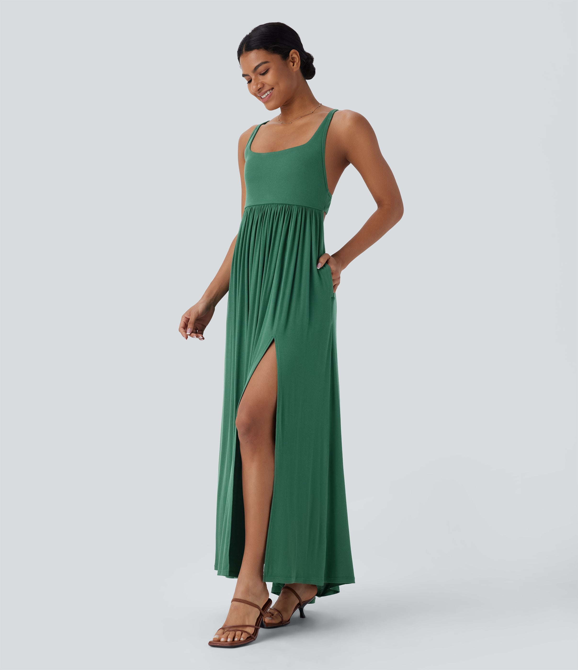 Ribbed Tie Back Ruched Maxi Slip Dress with Pockets