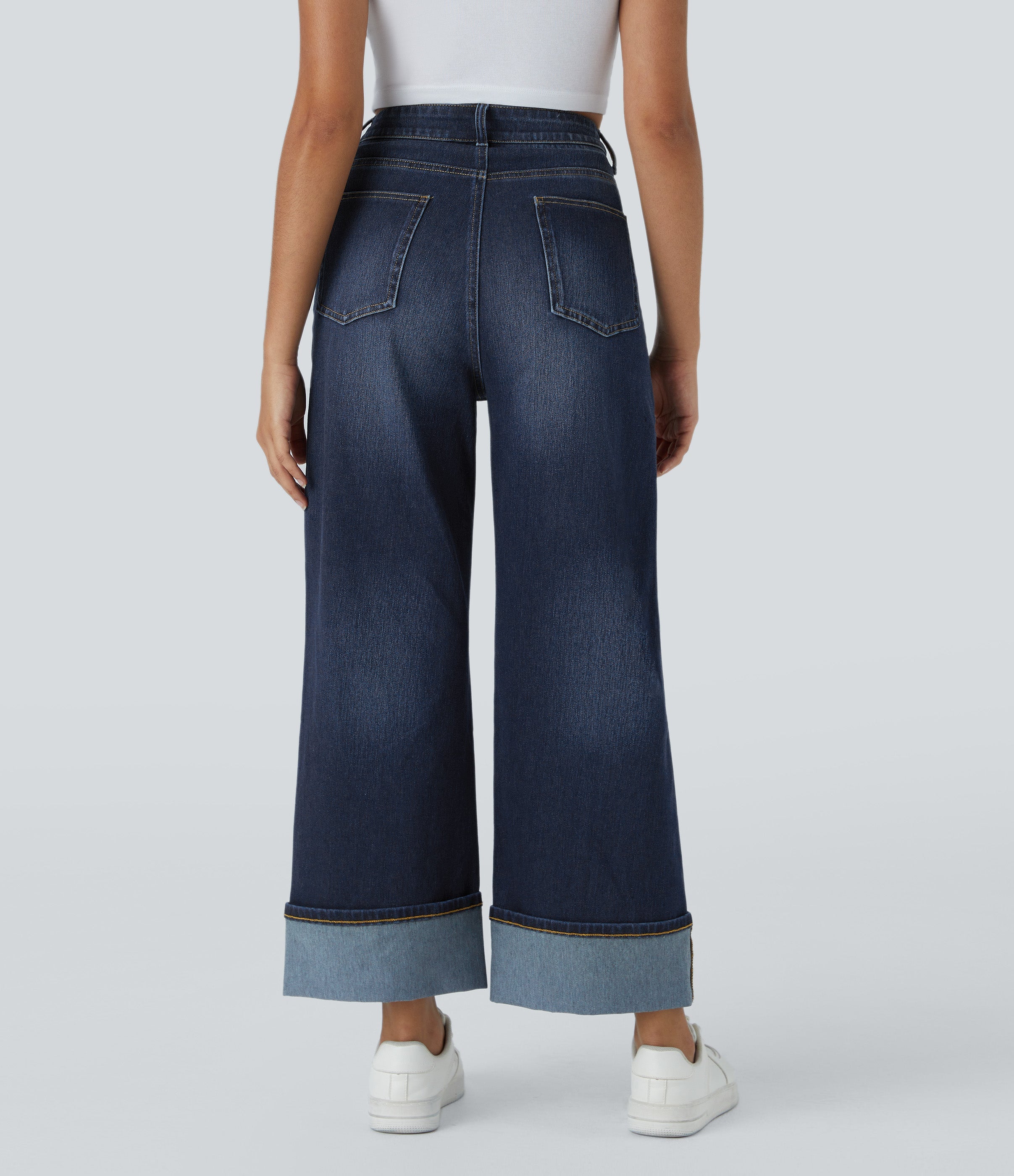 FlexTM High Waisted Multiple Pockets Rolled Hem Wide Leg Washed Stretchy Knit Casual Jeans