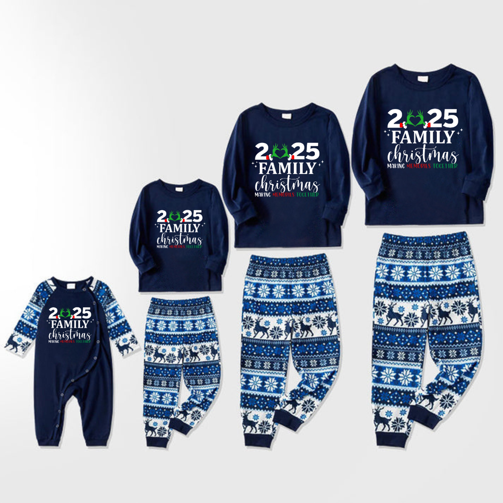 "2025 Family Chriatmas" Quirky Heart Letter Print Blue Long Sleeve Family Matching Pajamas With Dog bandana