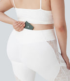 SoftlyZeroTM Crossover High Waisted Contrast Lace Yoga Plus Size Flare Leggings with Pocket