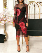 Women's 2 Piece Outfit Rhinestone Floral Mesh Midi Dress Slim Fit Long Sleeve Sheer Bodycon Dress with Camisole Slip Dress
