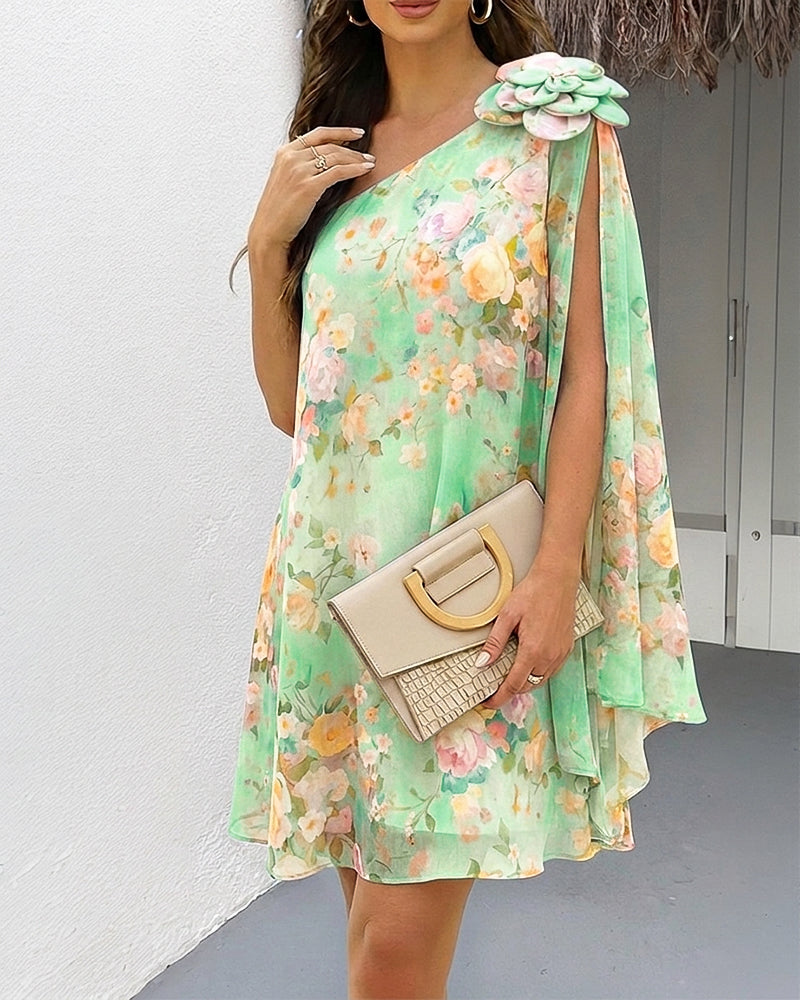 CHICME Women's Floral Print One-Shoulder Chiffon Dress 3D Floral Decor Split Sleeve Loose A-Line Mini Dress