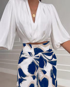 2 Pieces Outfit Ruched Overlap V Neck Three Quarters Sleeve Stretchy Back Hem Crop Blouse and Casual Vintage Floral Print High Waist Elastic Back Waist Wide Leg Pants Set