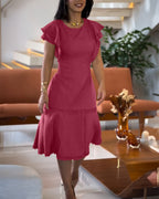 Butterfly Sleeve Hollow-out Back Shirred Dress Casual Cinched Waist Lace Trim Ruffle Hem Commuting Dress
