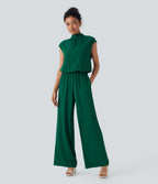 Mock Neck Keyhole Back Cap Sleeve Wide Leg Work Jumpsuit with Pockets