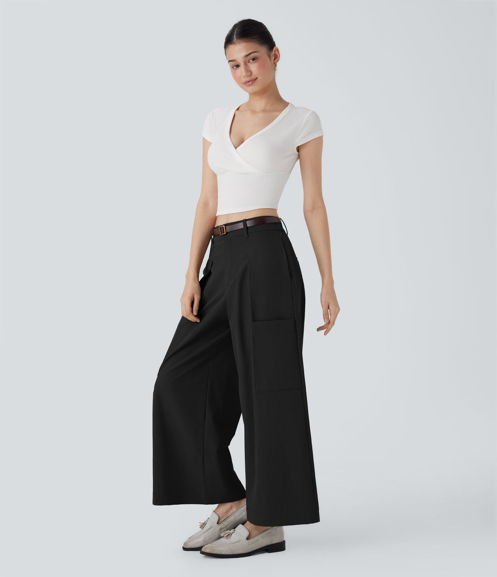 Mid Rise Wide Leg Work Pants with Pockets