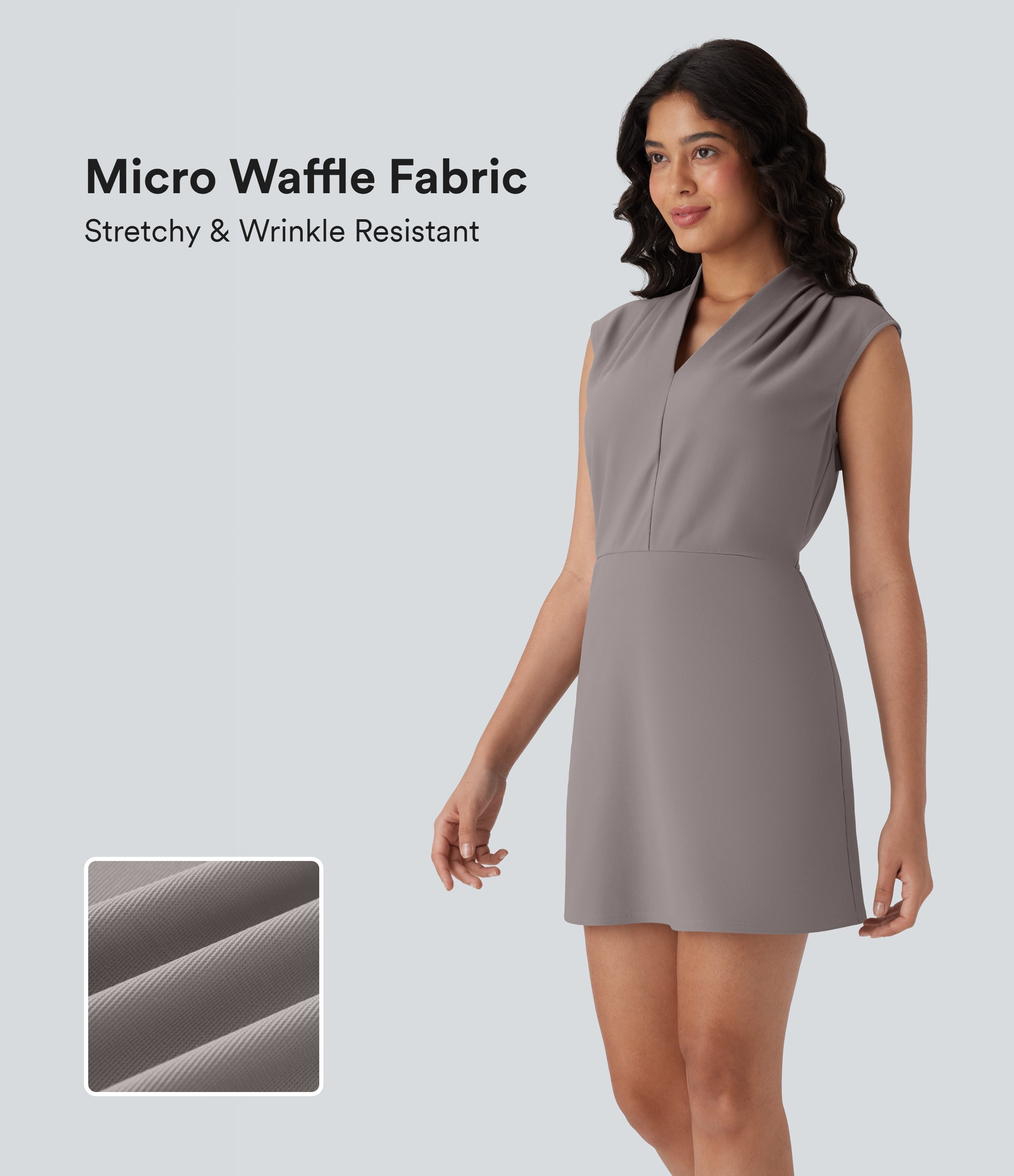 FlexTM V Neck Pleated Sleeveless Mini Micro Waffle Work Dress with Pockets
