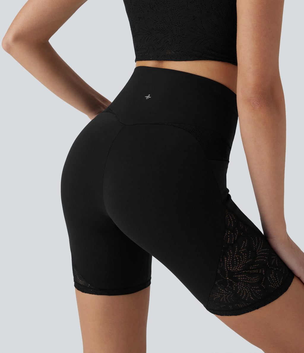 SoftlyzeroTM High Waisted Crossover Contrast Lace Yoga Biker Shorts 7'' with Pockets-UPF50+