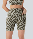 SoCinched High Waisted Tummy Control Zebra Print Training Biker Shorts 7'' with Pockets