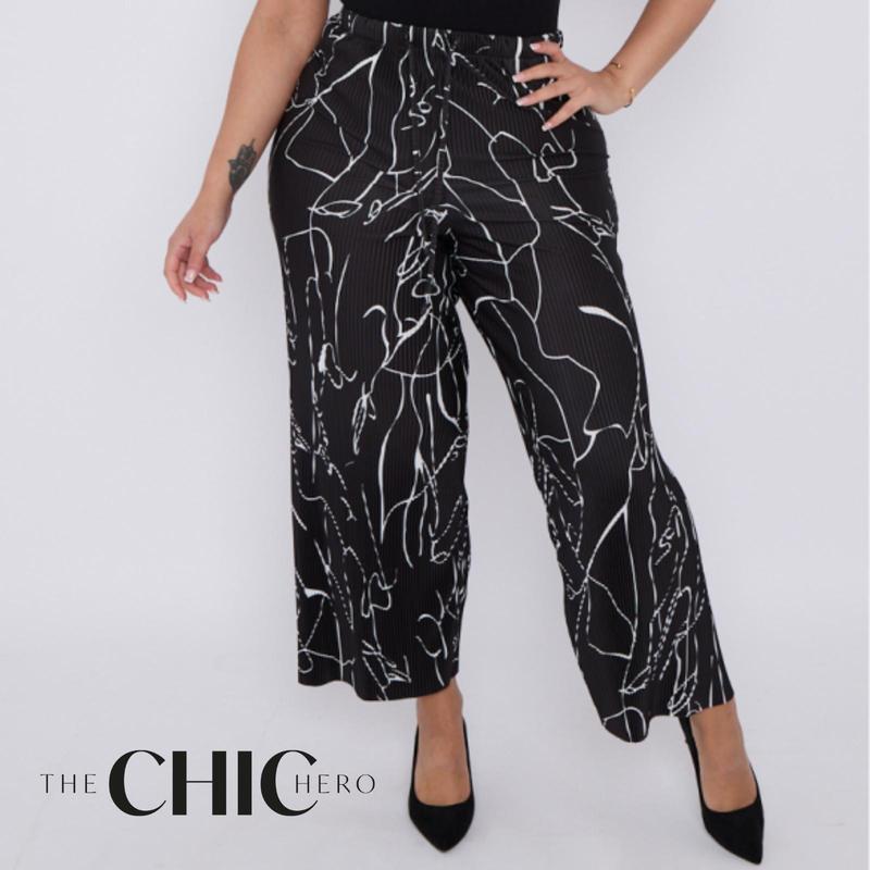 Black Line Art Abstract Print Wide-Leg Drawstring Palazzo Pleated Pants PLUS(2XL-3XL)