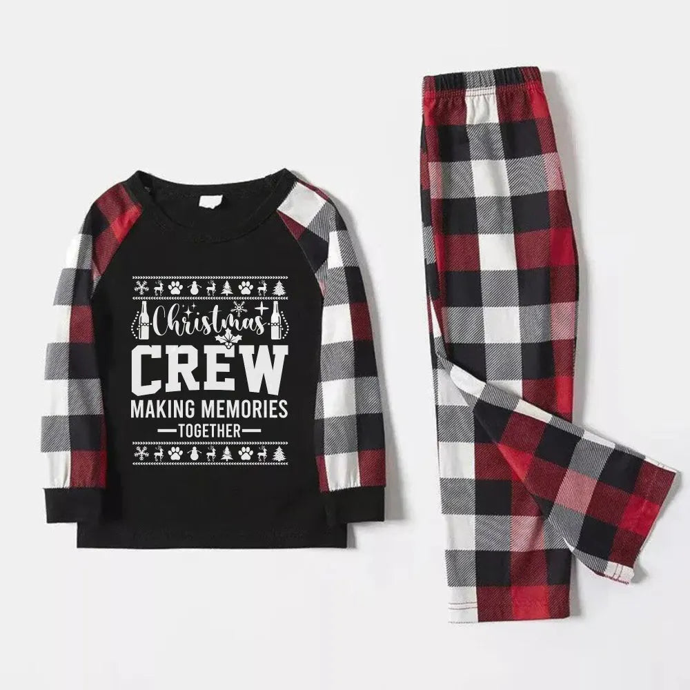 Christmas Family Matching Pajamas-Red and Gray Plaid Pjs set with Slogan and Christmas Pattern Print
