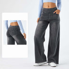 2026🔥 FlexTM High Waisted Multiple Pockets Baggy Wide Leg Washed Stretchy Knit Casual Jeans