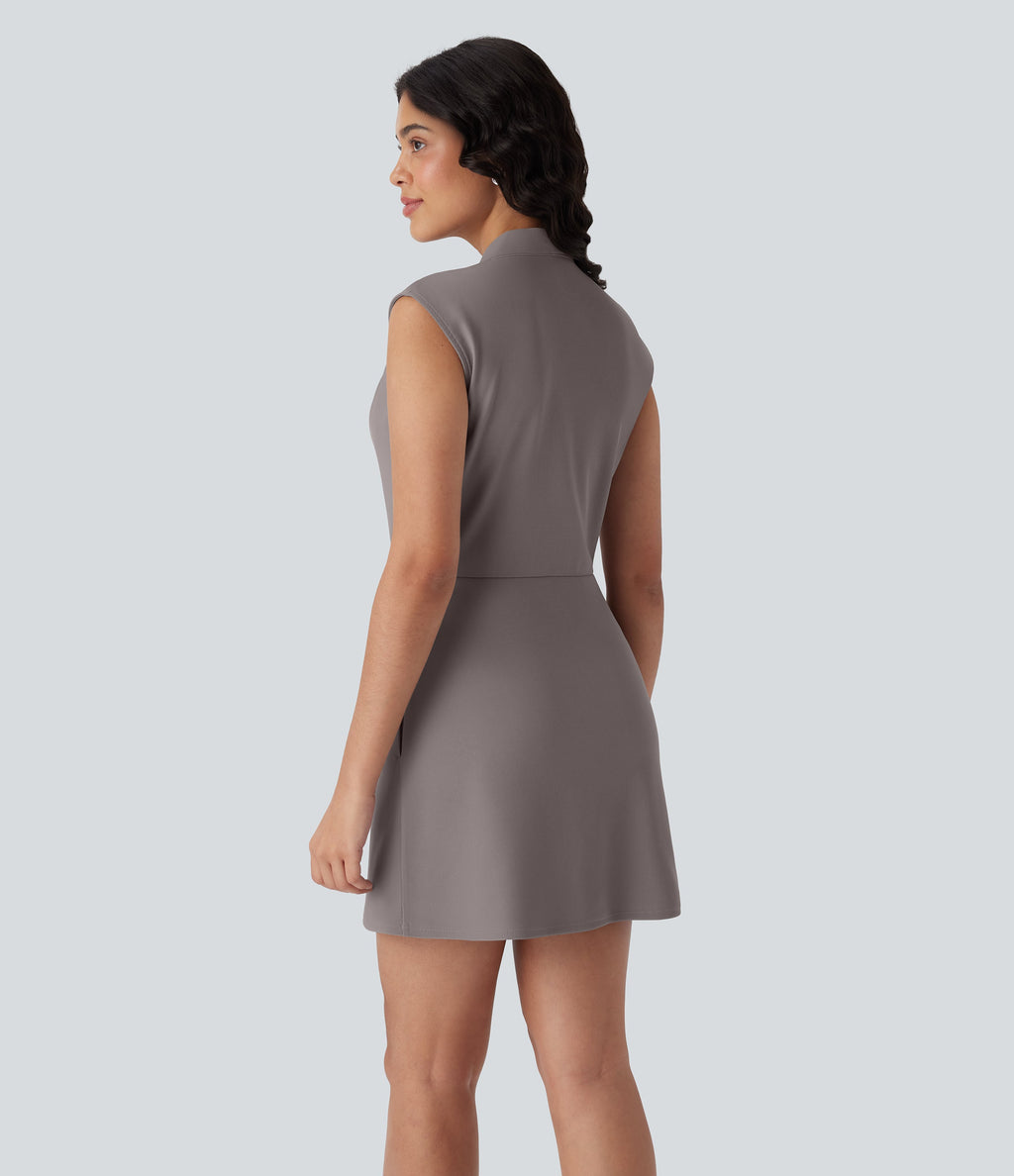 FlexTM V Neck Pleated Sleeveless Mini Micro Waffle Work Dress with Pockets