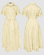 Turn-down Collar Plaid Mesh Double-Layered Cinched Waist Maxi Dress Button Down Bow Tie Waist Commuting Dress