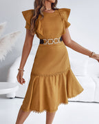 Butterfly Sleeve Hollow-out Back Shirred Dress Casual Cinched Waist Lace Trim Ruffle Hem Commuting Dress