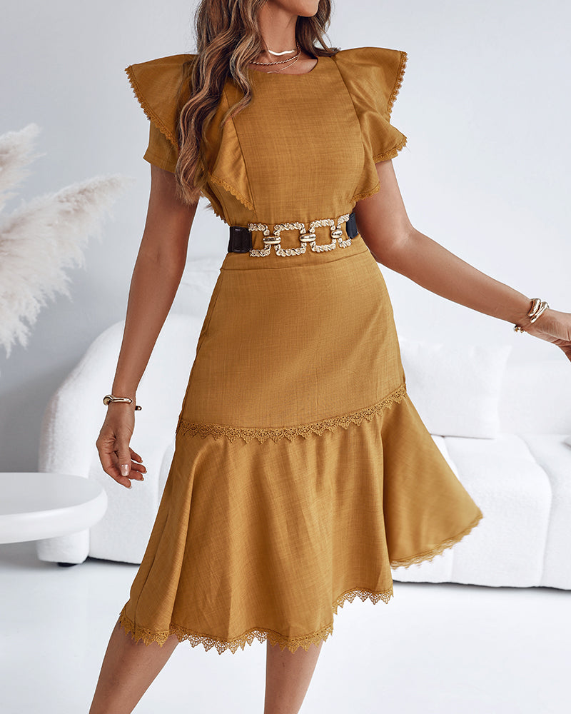 Butterfly Sleeve Hollow-out Back Shirred Dress Casual Cinched Waist Lace Trim Ruffle Hem Commuting Dress