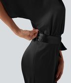 Crossover V Neck Belted Wide Leg Satin-like Work Jumpsuit with Pockets