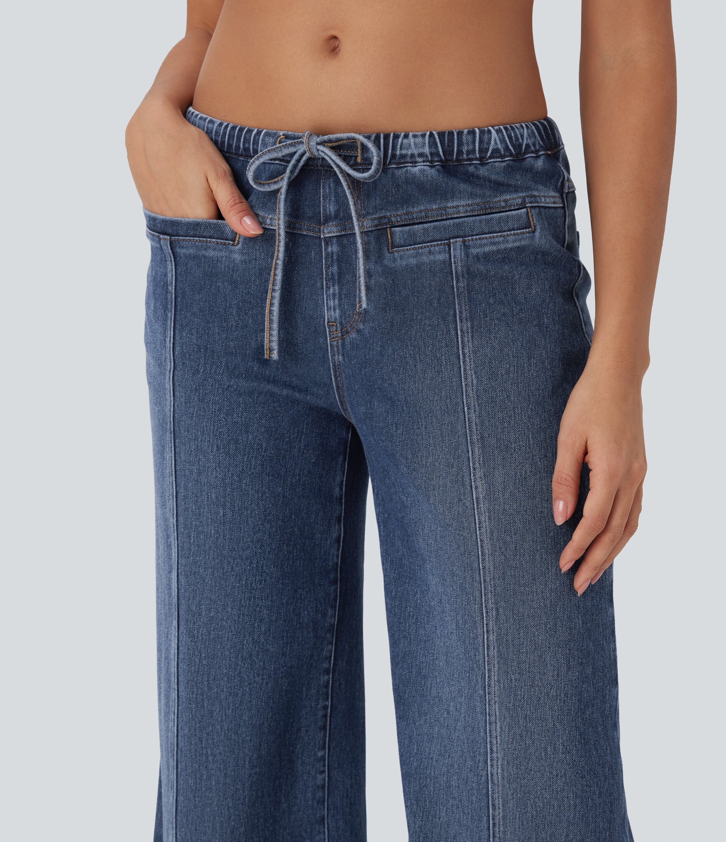 FlexTM Low Rise Drawstring Washed Casual Baggy Jeans with Pockets