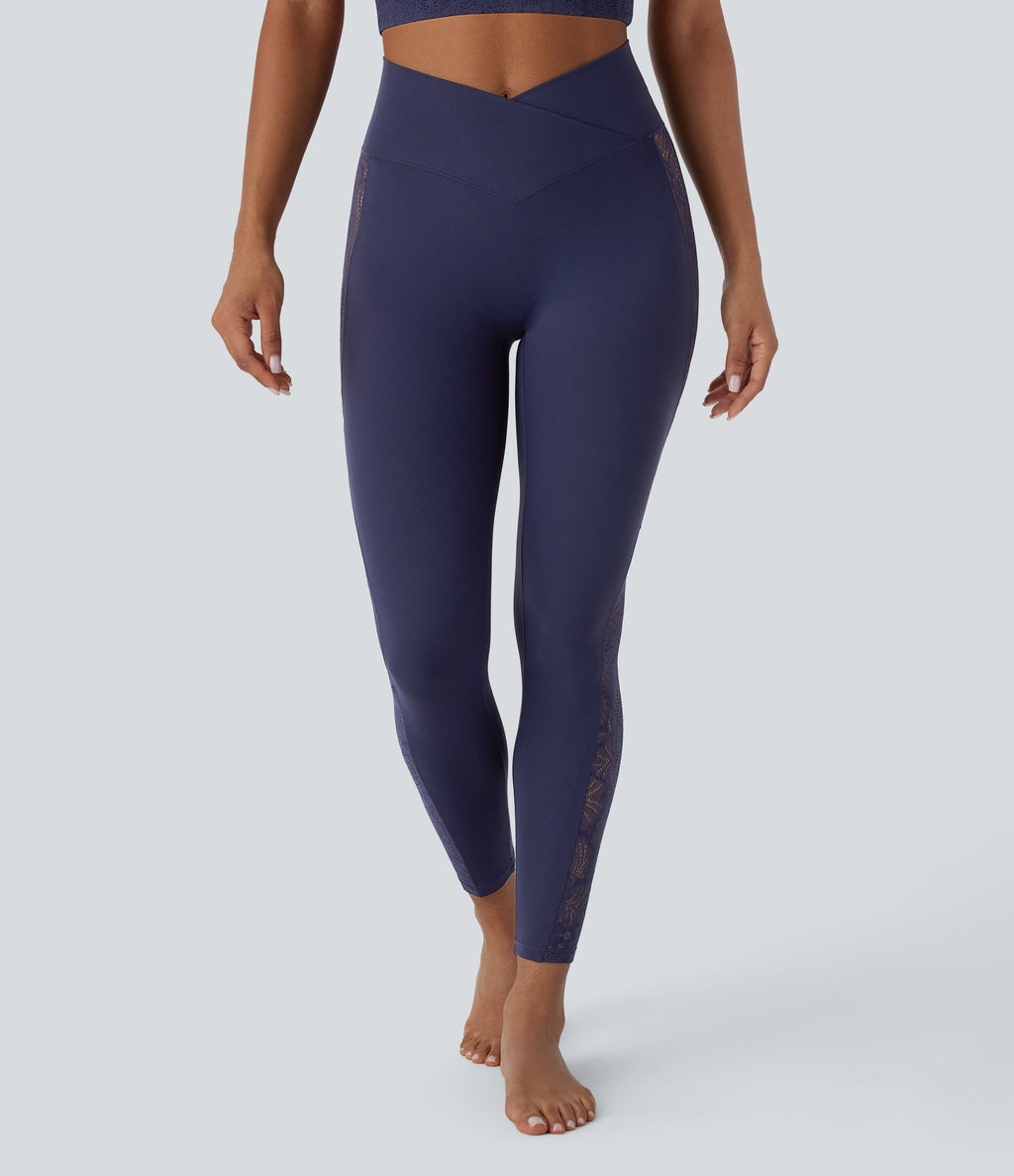 SoftlyZeroTM High Waisted Crossover Contrast Lace Built-in Underwear Yoga Leggings with Pocket-UPF50+