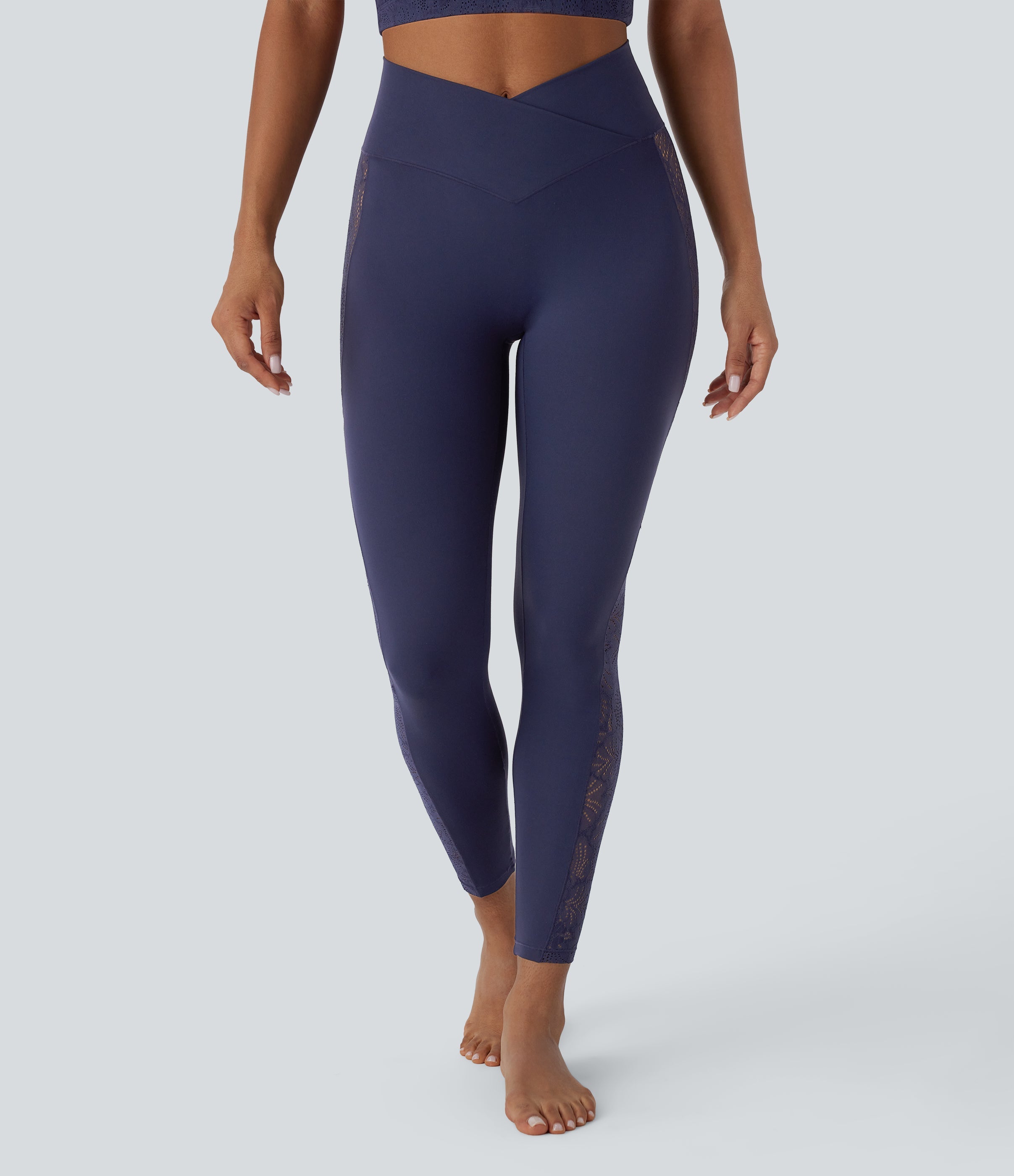 SoftlyZeroTM High Waisted Crossover Contrast Lace Built-in Underwear Yoga Leggings with Pocket-UPF50+