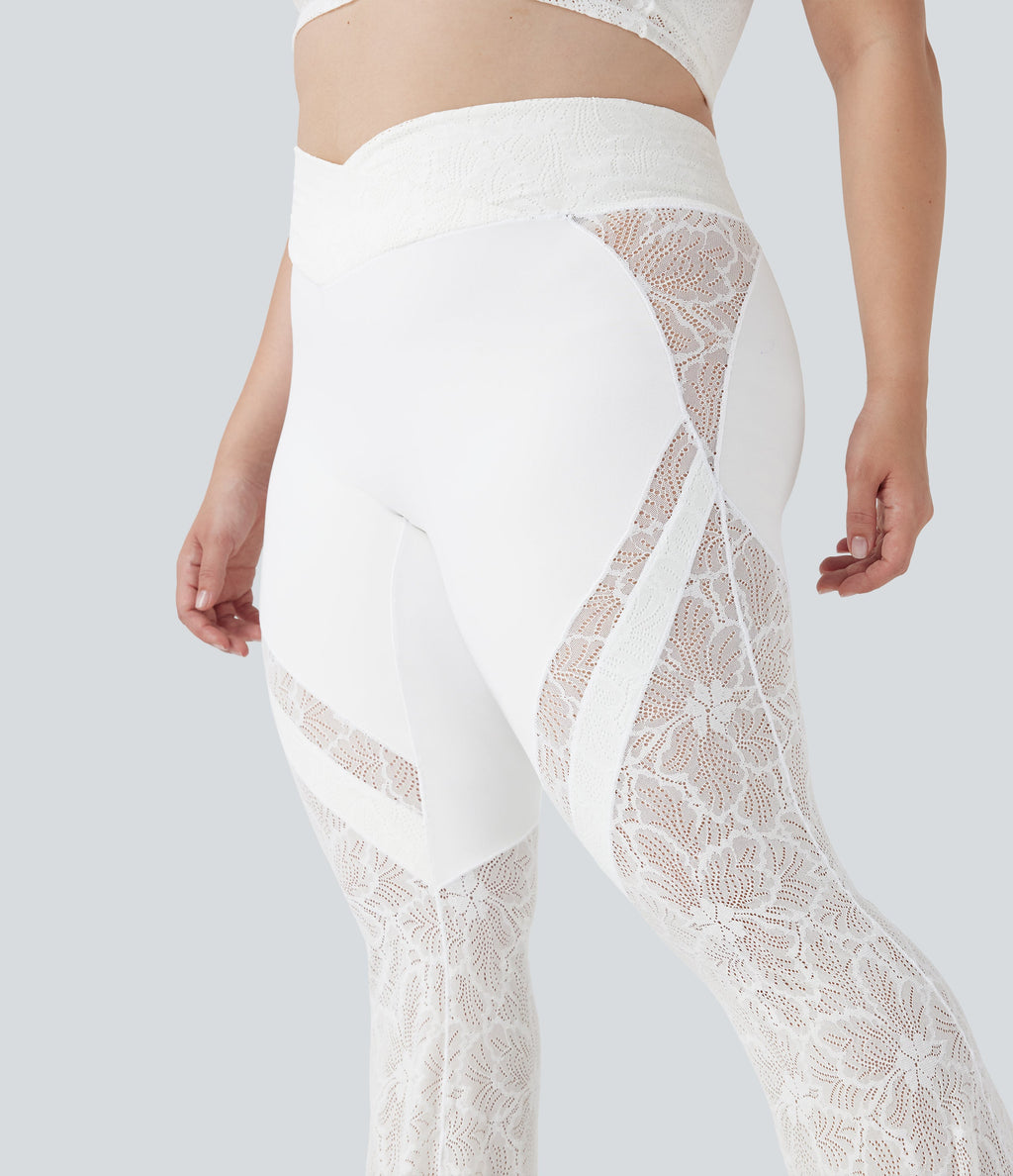 SoftlyZeroTM Crossover High Waisted Contrast Lace Yoga Plus Size Flare Leggings with Pocket