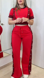 Ladies' Round Neck Patchwork Striped Top+buckle Side Slit Casual Set