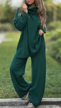 Women High Neck Top + Pants Solid Color Casual Suit
