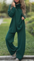 Women High Neck Top + Pants Solid Color Casual Suit