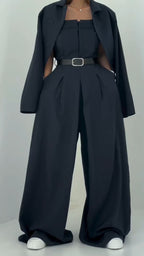 Women Strapless Jumpsuit+ Jacket Style Commuting Set