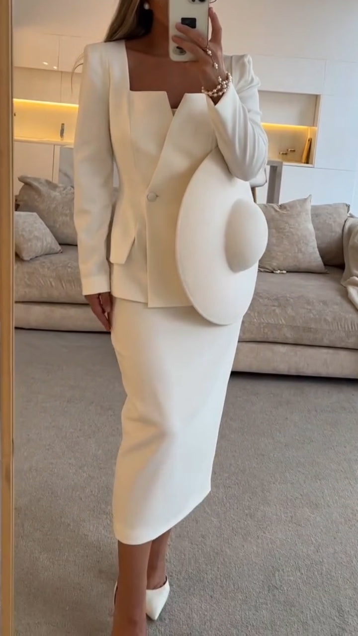 Womens Square Collar Top + Skirt Solid Color Temperament Casual Suit